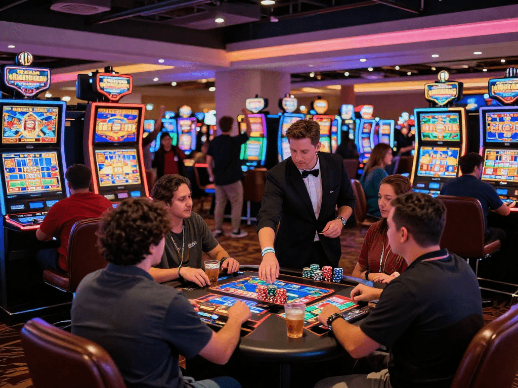 Players enjoying US casino sites in a vibrant gaming hall with slot machines and dealers.