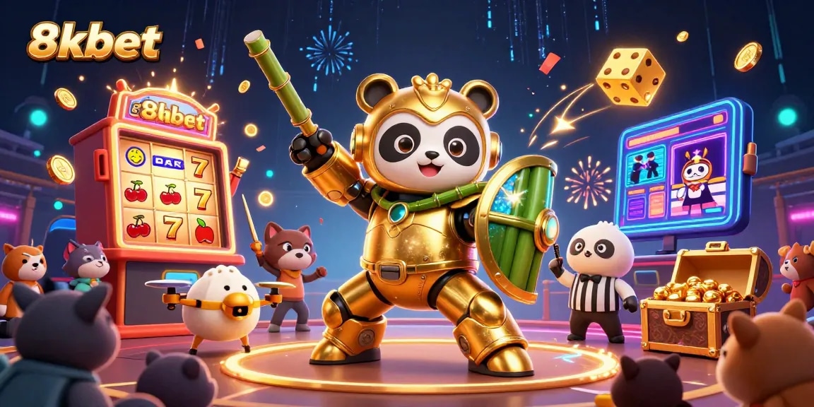 Experience thrilling wins at 8xbet with vibrant casino elements exploding around a golden panda mech!