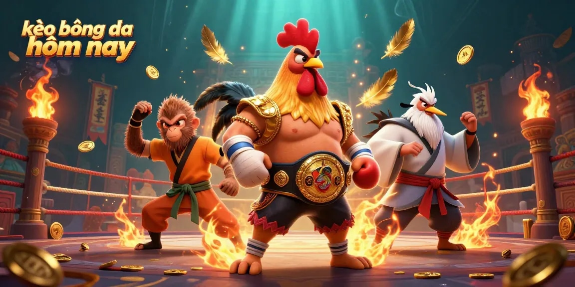 Bet on kèo bóng đá hôm nay with an exciting scene featuring a Muay Thai rooster, Shaolin monkey, and crane master.