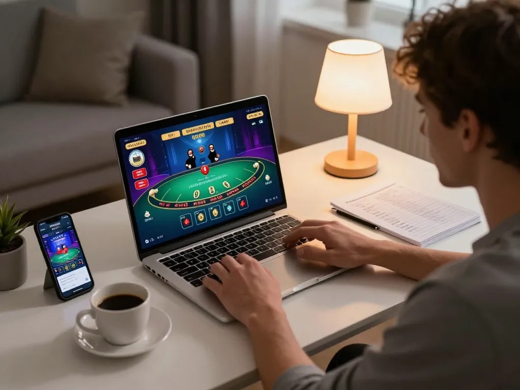 Engaging in an online game at trang chủ 789p with a warm, inviting home setup.