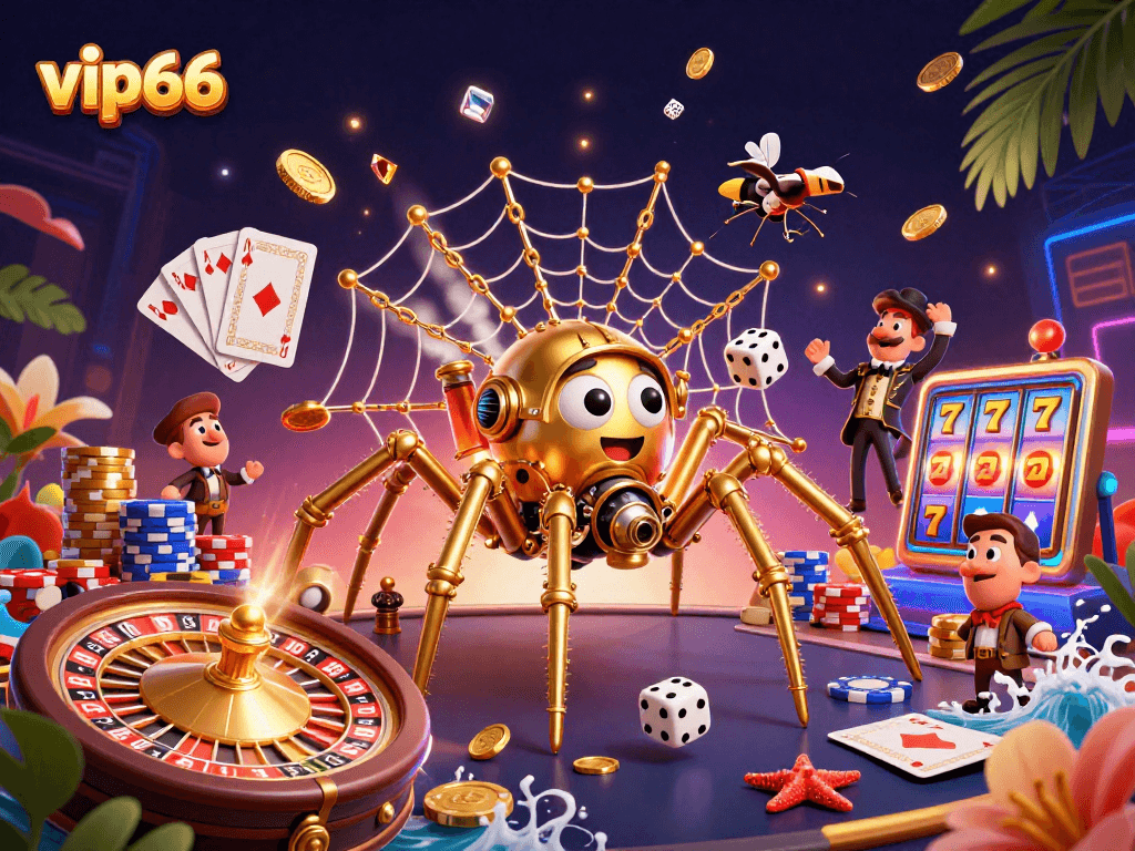 Experience the thrill of vip66 with golden coins cascading and a steampunk spider webbing your way to jackpot wins!