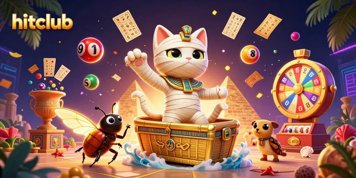 Engage with hitclub in a vibrant 3D casino scene showcasing a mummy cat, lottery elements, and dynamic gameplay.