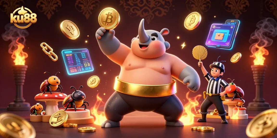 ku88 illustrates a dynamic casino scene with a rhinoceros beetle champion and cryptocurrency elements.