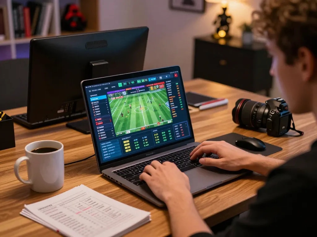 9BET player engaging with live sports betting interface in a comfortable home setting