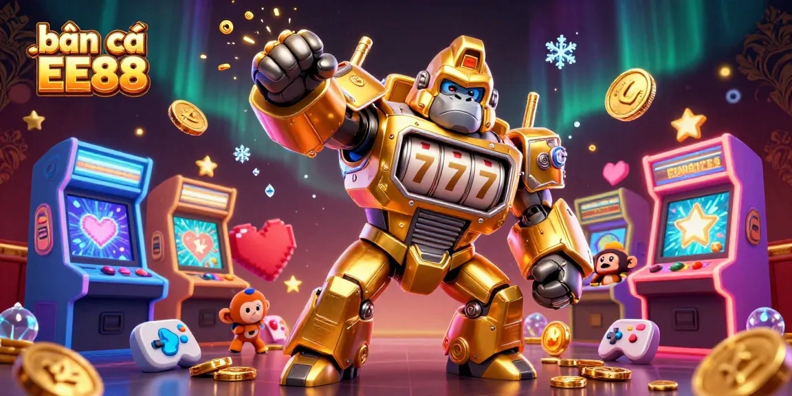 Bắn cá EE88 adventure with a golden gorilla mech in a vibrant casino environment, showcasing dynamic game elements and explosive action.