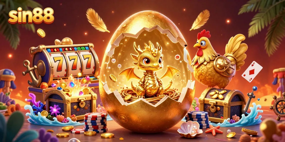 Experience the thrilling adventures of sin88 with vibrant 3D illustrations featuring golden luck and casino excitement.