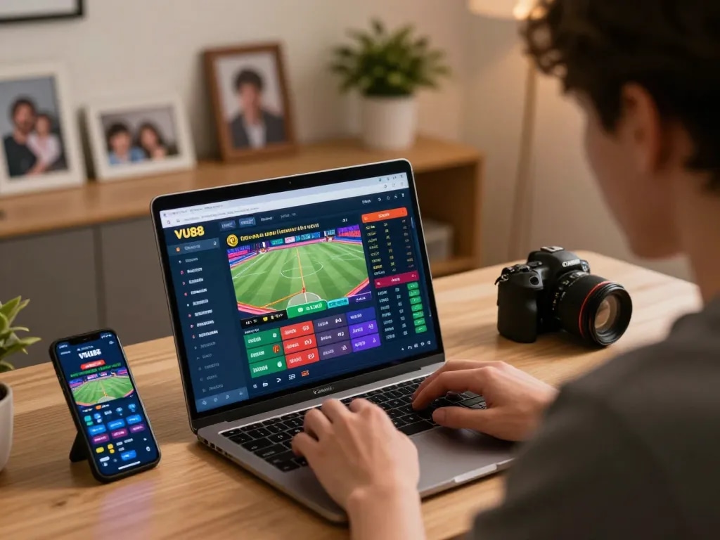 Person placing bets on VU88 sports betting platform, showcasing live odds and sports graphics.