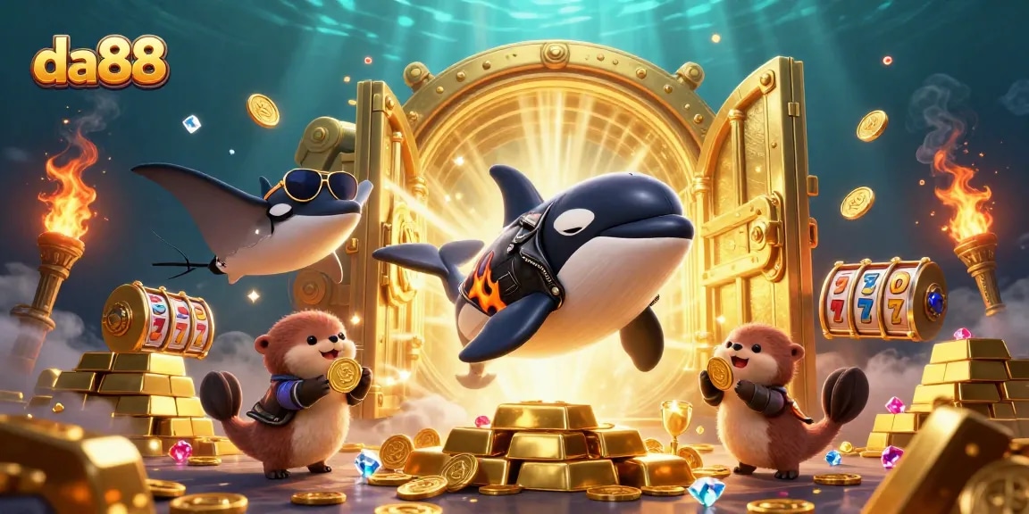 Immerse in the vibrant world of da88's slots with an animated scene of playful sea creatures and treasures.