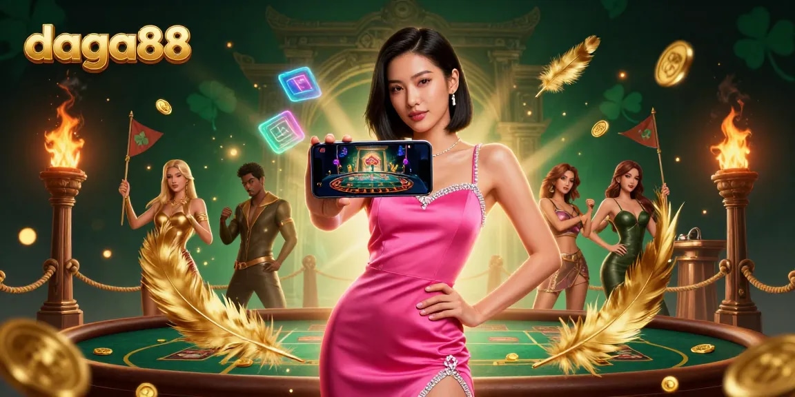 Play exciting live dealer games at daga88, featuring a confident woman showcasing mobile gaming prowess.