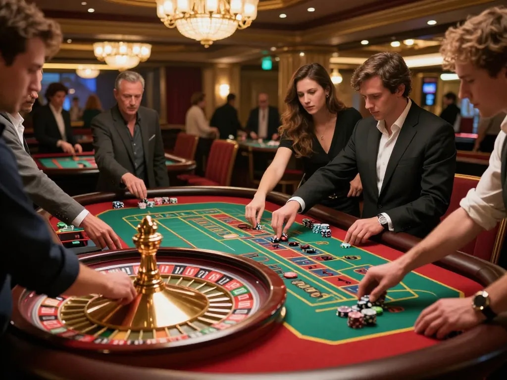 Betting excitement at a roulette table in a casino featuring the energy of kk44 with players engaged and focused