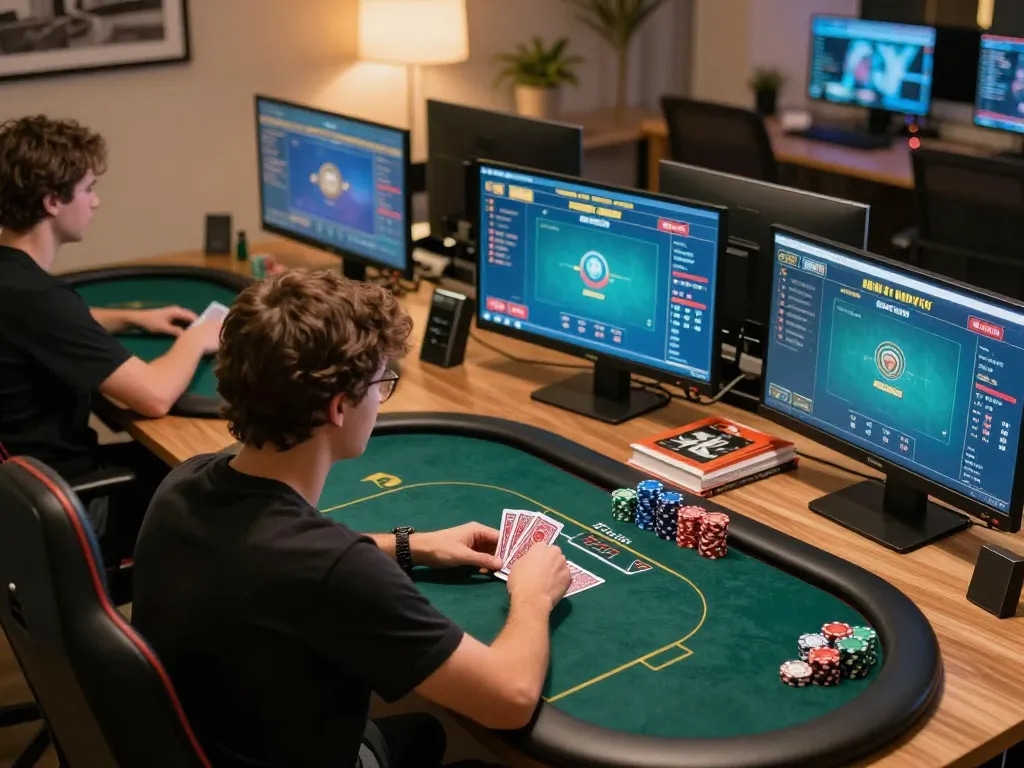 3BET player engaging in a high-stakes online poker game, focused on gameplay and strategy.