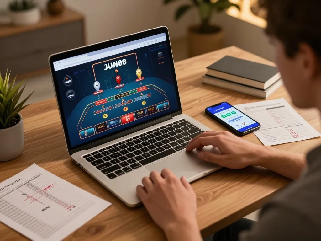 Player enjoying live dealer games on a laptop while using the JUN88 casino app on smartphone.