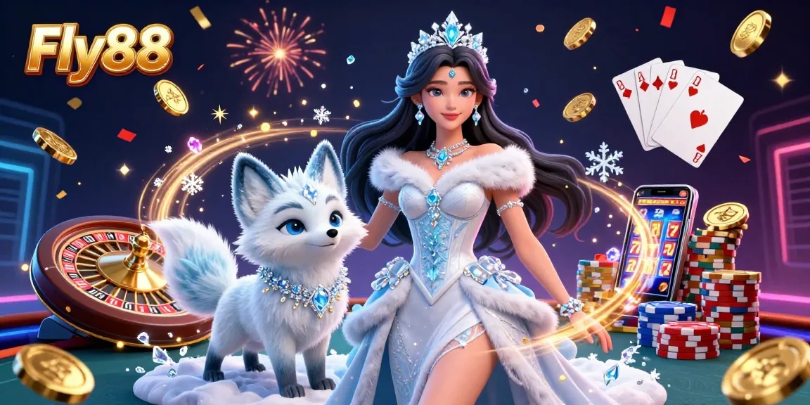 Engage with Fly88's thrilling casino environment, featuring immersive 3D characters, golden coins, and gaming elements.