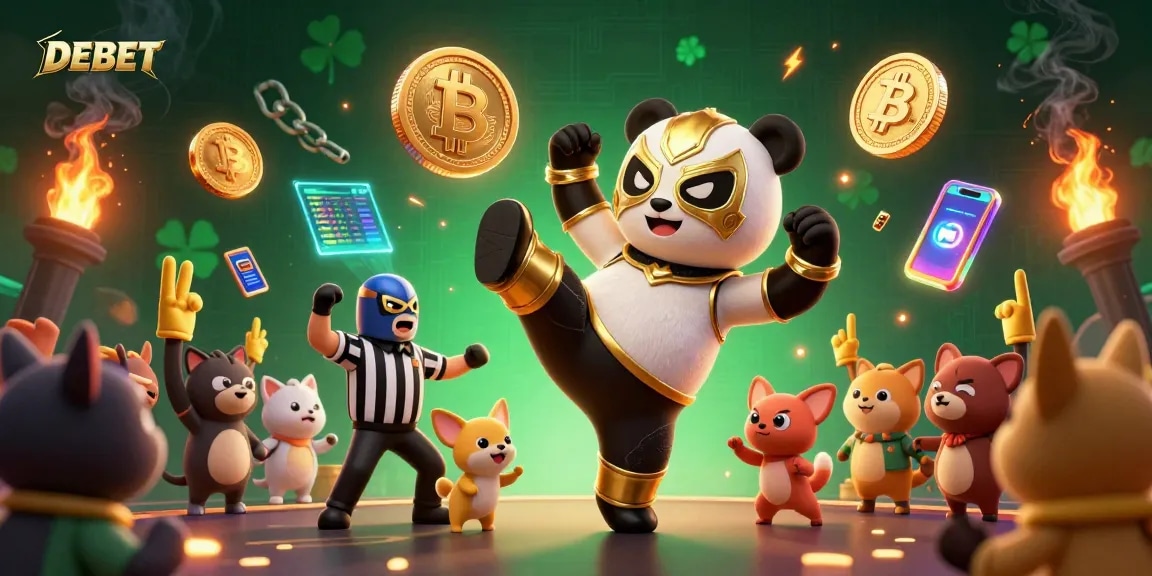 Experience DEBET's exciting action with a wrestling panda and crypto elements in this illustrative casino scene.