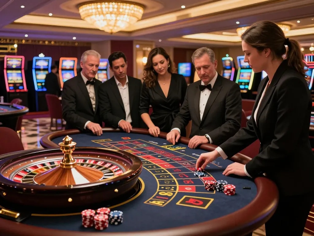 Five88 roulette excitement with players engaged in dynamic gameplay at elegant casino.