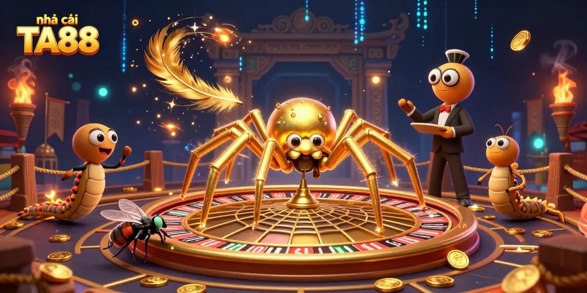 Engage with the vibrant gambling scene at nhà cái TA88 featuring an adventurous spider and centipede dealer.
