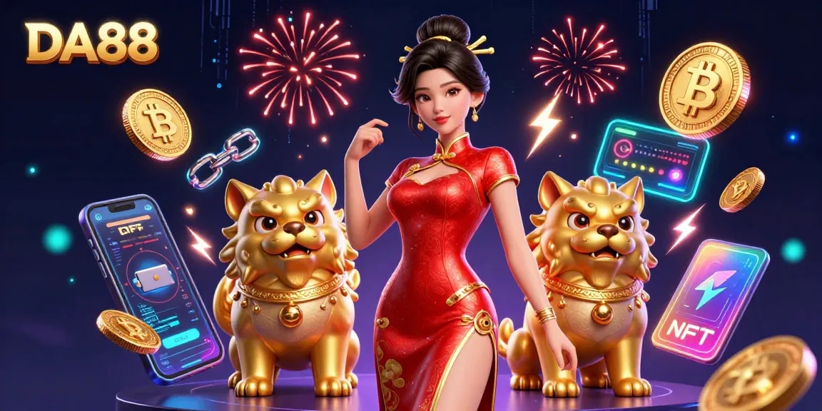 Engage with DA88 slots scene featuring an Asian woman in a festive environment with coins and fireworks.
