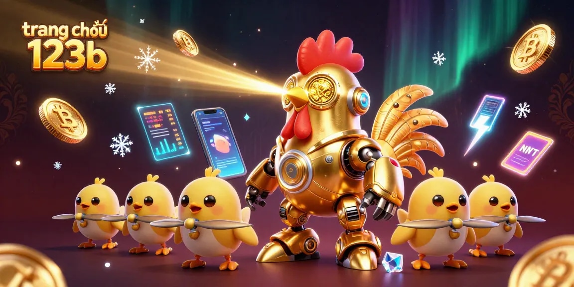 Engage in the vibrant world of trang chủ 123b with a golden rooster robot and crypto coins.