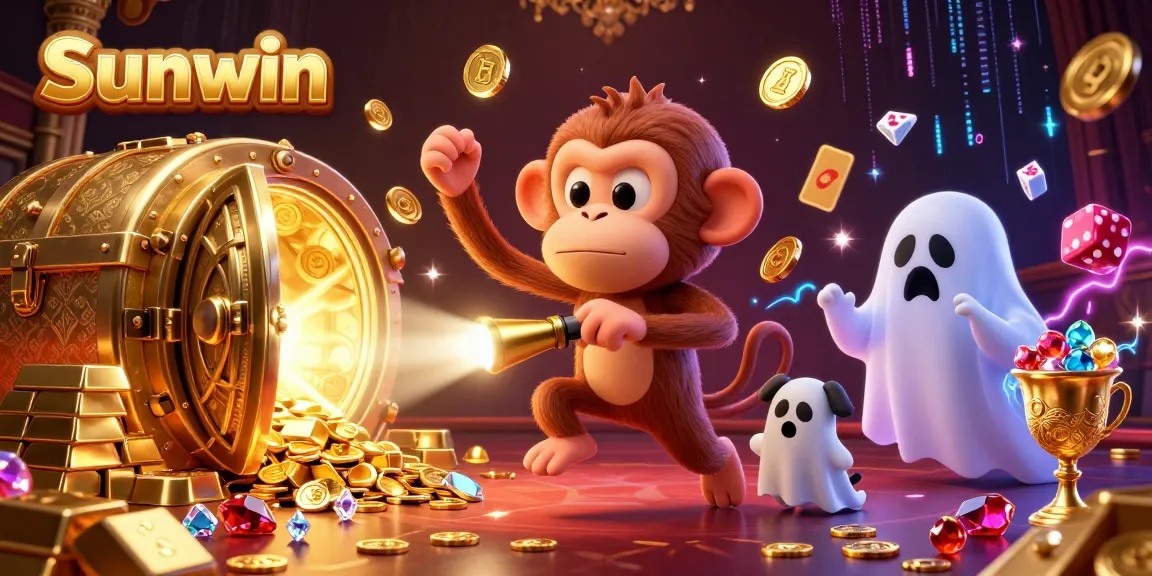 Experience the thrill of Sunwin's casino with a mischievous monkey juggling golden treasures in a spooky environment.