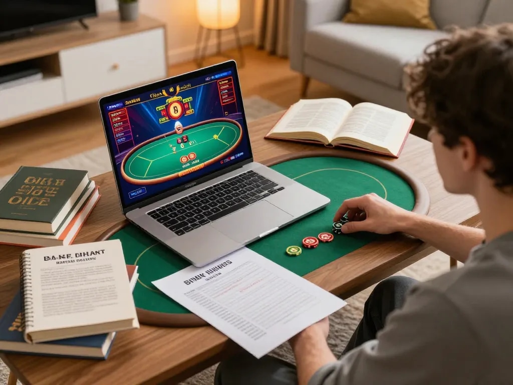 Engaging gameplay at NOHU90 COM online casino, showcasing poker action on a laptop in a cozy home setting.