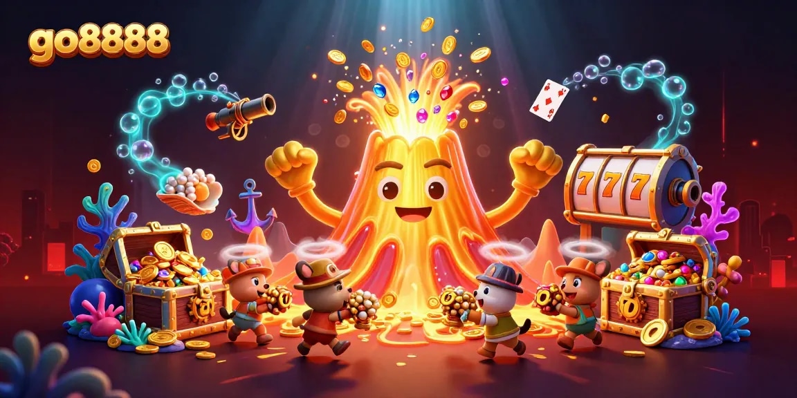 Experience thrilling wins at go8888 with vibrant slots and gold treasures in a captivating illustration.