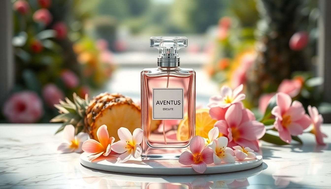 Capture the elegance of Aventus perfume bottle amidst fruity and floral elements.