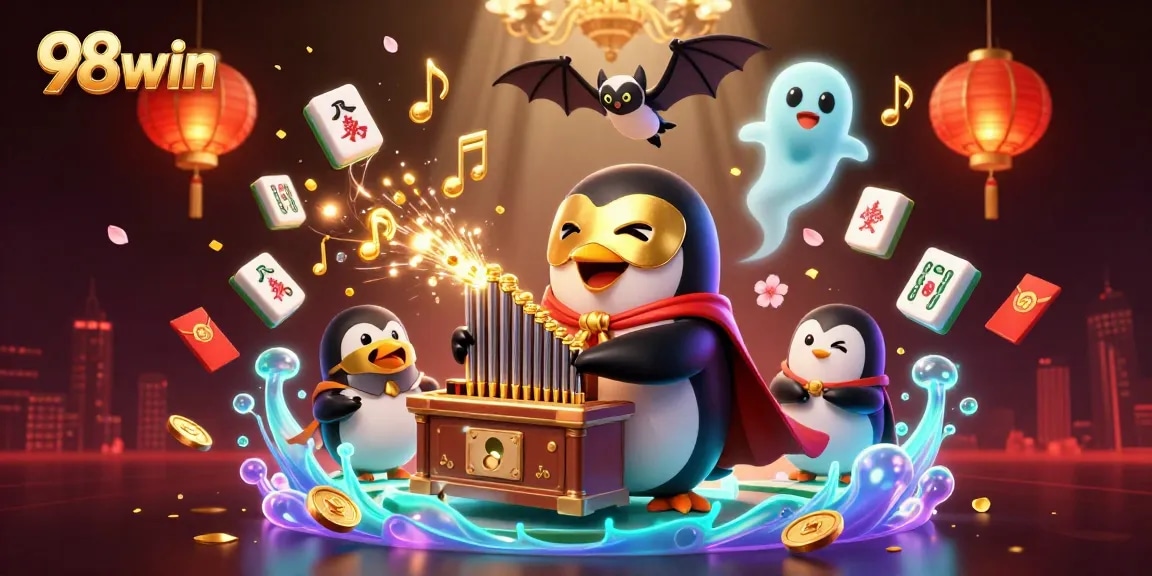 Experience the excitement of 98win with a dynamic casino scene featuring golden coins and lively characters.