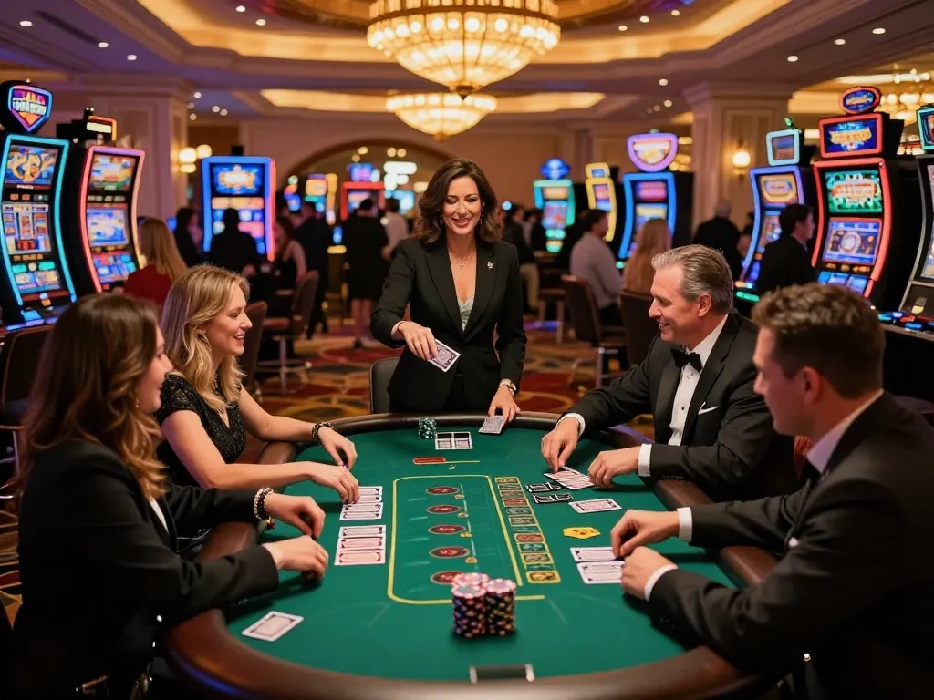 Hitclub patrons enjoying blackjack at a vibrant Las Vegas casino, highlighting dynamic gameplay and thrilling atmosphere
