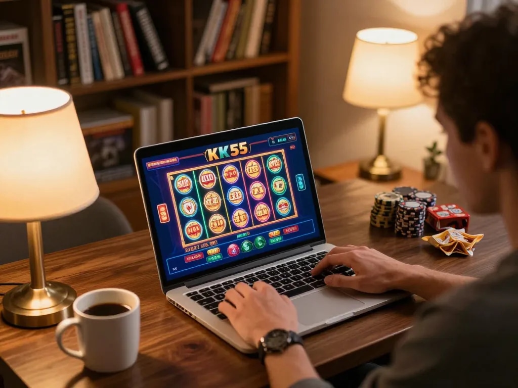 Player engaging with KK55 online casino interface on laptop at home, showcasing an exciting gambling atmosphere.
