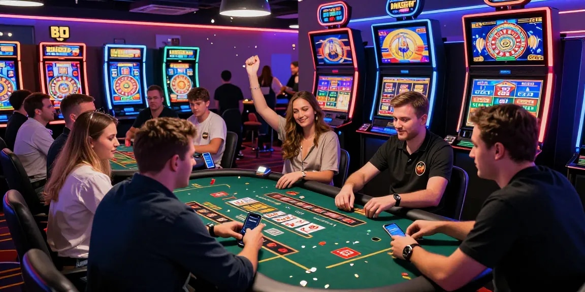 Exciting players enjoying diverse games at non UK casinos in a vibrant virtual casino environment.