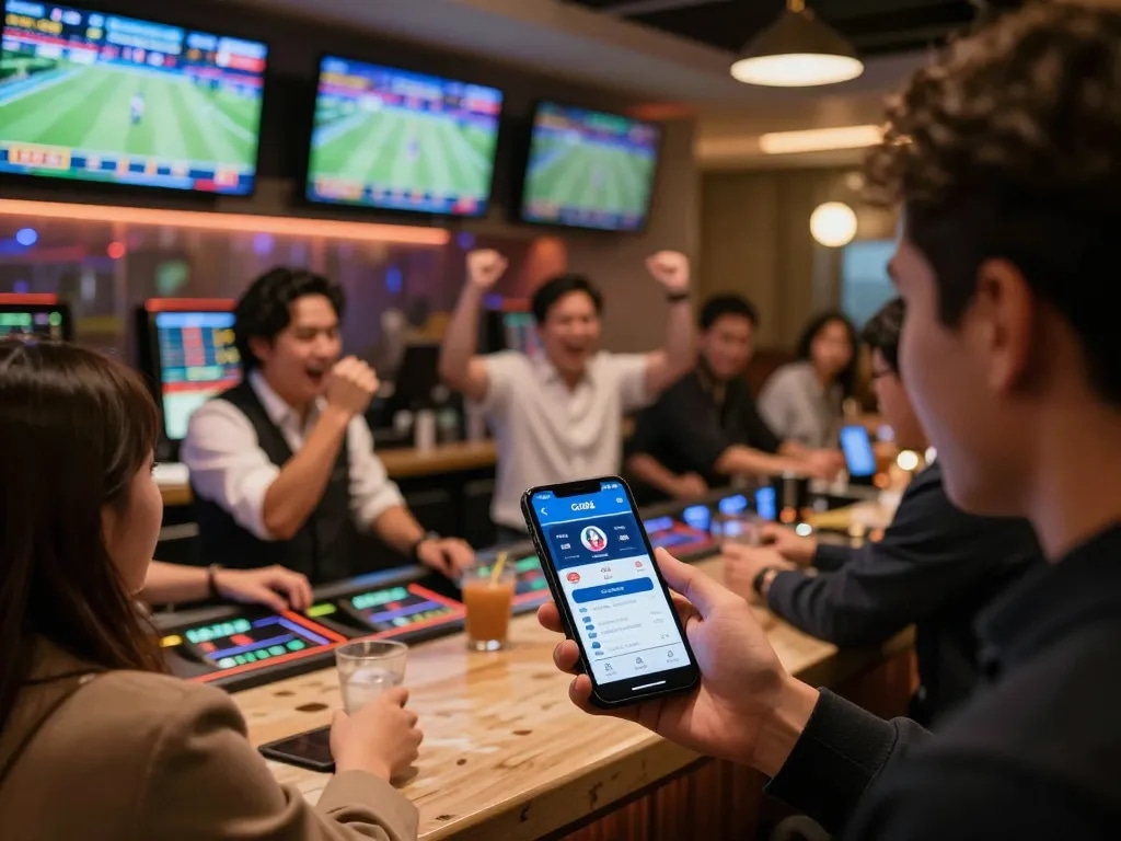 Engaged patrons using the Go88 app for live sports betting in a vibrant lounge setting.