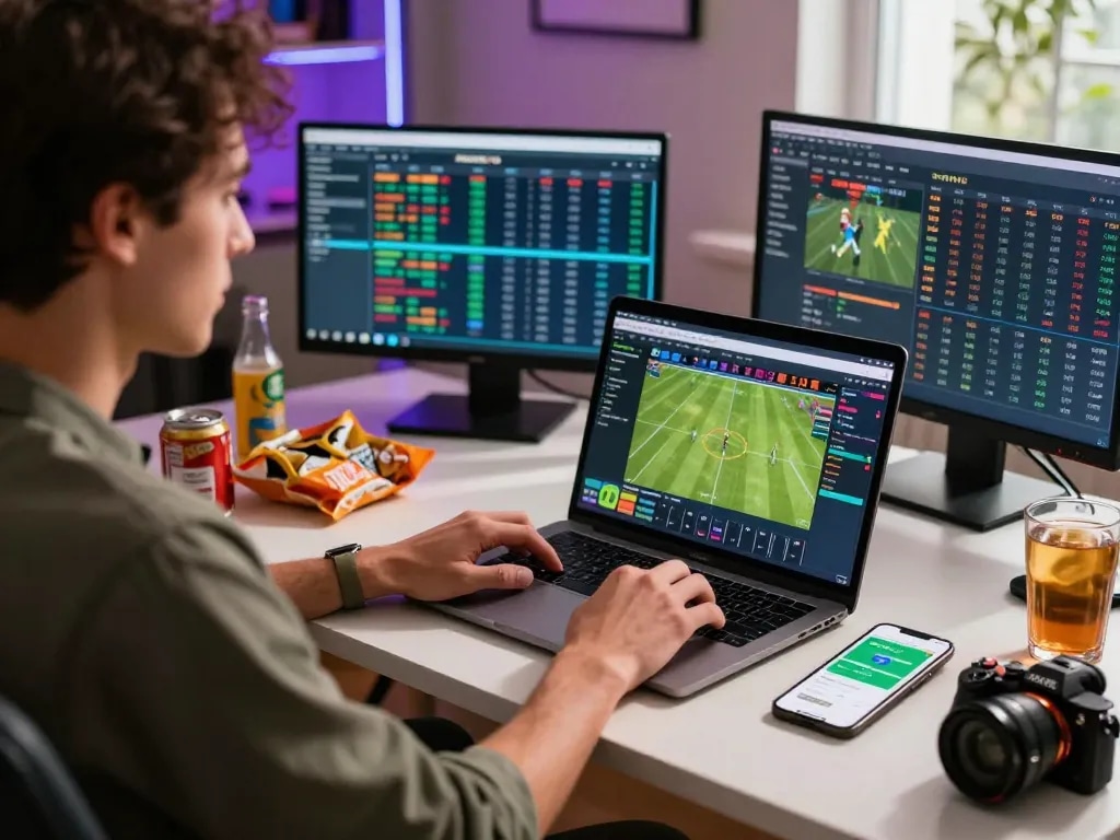 Exciting kèo nhà cái betting scene with laptop displaying live updates and analysis