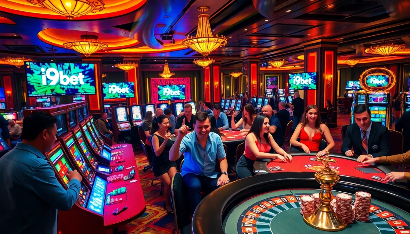 Exciting gameplay and vibrant atmosphere at i9bet casino, featuring poker tables and slot machines.