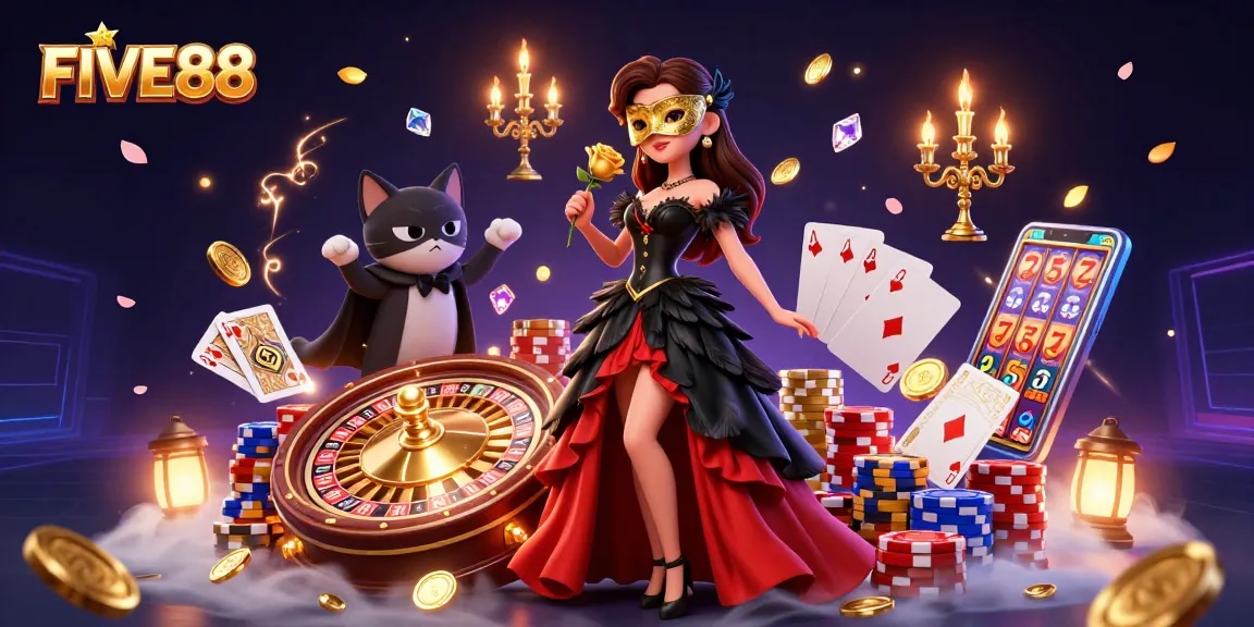Engage with FIVE88's thrilling casino experience featuring a dramatic masquerade scene.