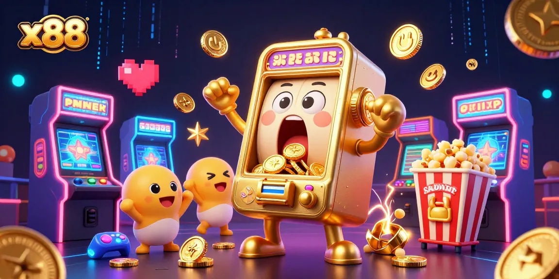 x88 slot machine celebrating a jackpot win with cheering mini machines and popcorn, vibrant game elements