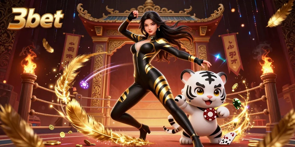 Experience the thrill of 3bet with vibrant visuals of an acrobatic figure and playful tiger amidst a dynamic gambling atmosphere.
