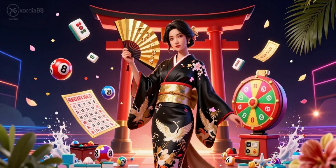 xocdia88 offers an immersive casino experience featuring a stylish Asian woman and dynamic lottery elements.