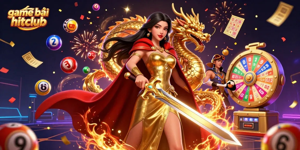 Win big with game bài hitclub illustrated by a warrior queen amid vibrant casino elements.