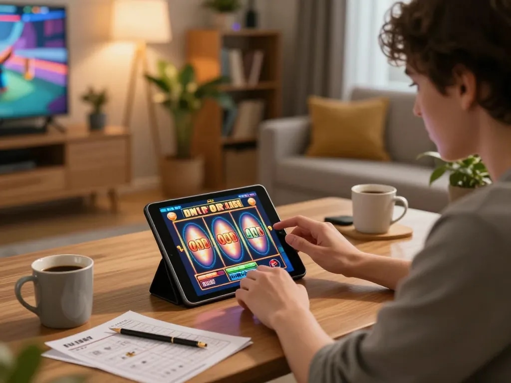Engaging in exciting slot games on luck8 from a cozy home setup with notes and coffee.