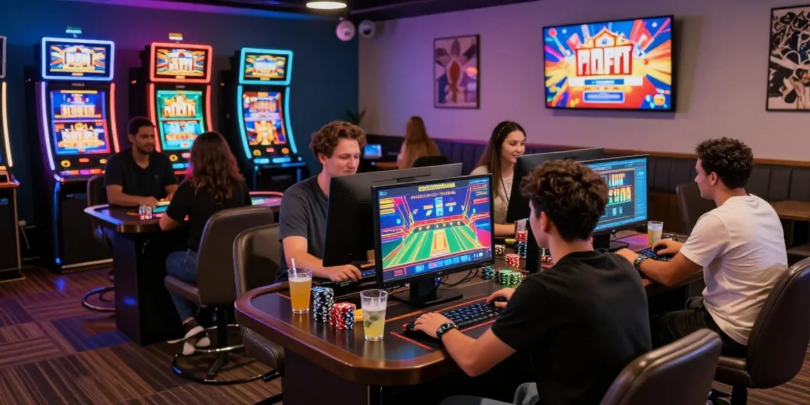 Exciting credit card deposit casinos scene with players engaged in gaming activities, bright graphics, vibrant atmosphere.