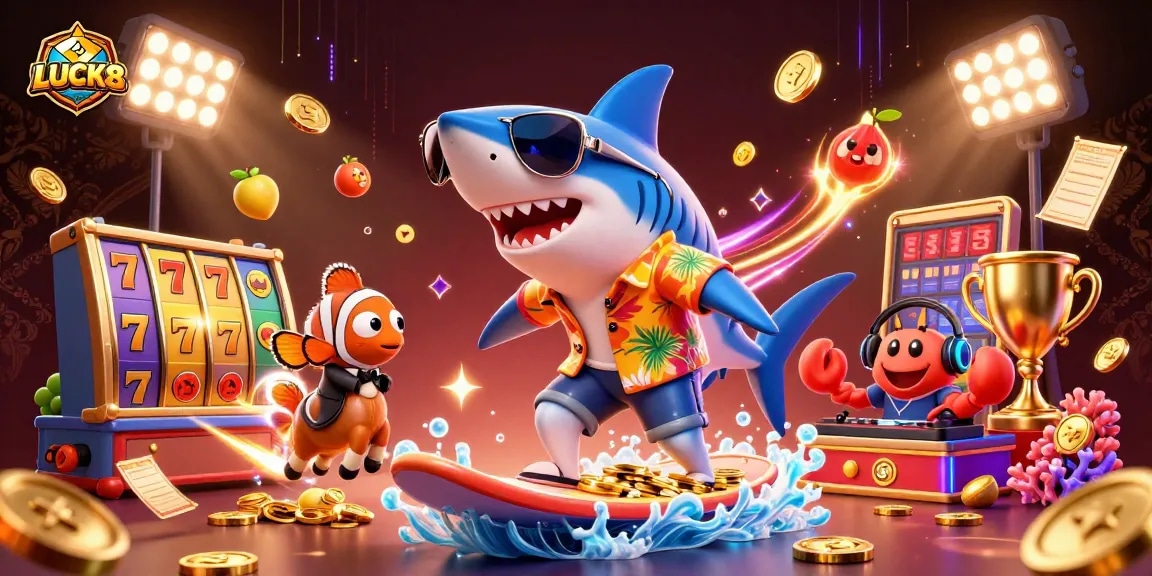 LUCK8 showcases an engaging 3D illustration of a playful shark surfer amid gold coins and slot elements.