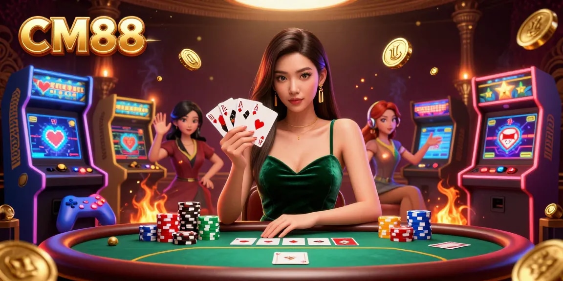Experience thrilling gameplay at CM88 with a stunning poker scene, vibrant game elements, and strategic action.