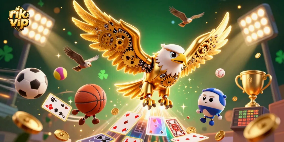 Experience thrilling sports betting with rik vip, featuring dynamic elements like golden eagles and sports balls.