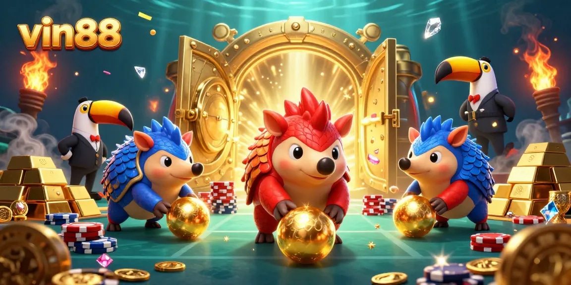 Experience thrilling action with vin88 as pangolins compete in a bold bowling game amidst vibrant casino treasures.