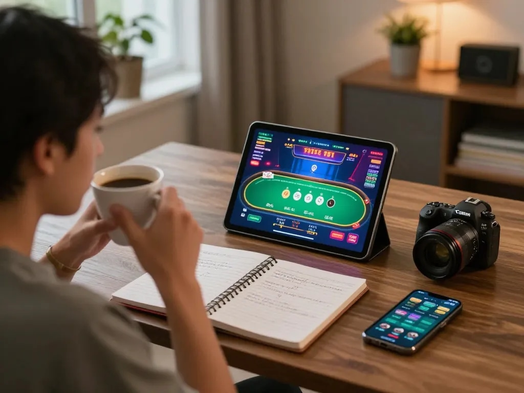 User enjoying a strategic poker game on ga6789 at home, focusing on tablet interface with betting strategies.