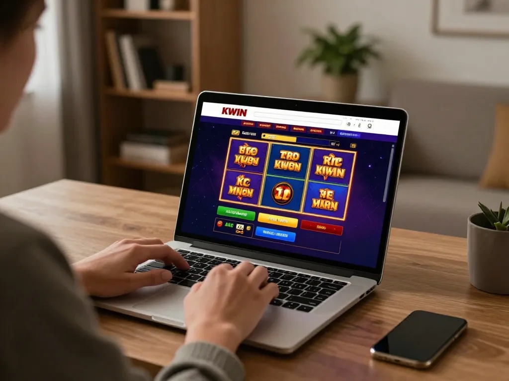 KWIN online gaming setup with colorful slots displayed on a laptop in a cozy home environment