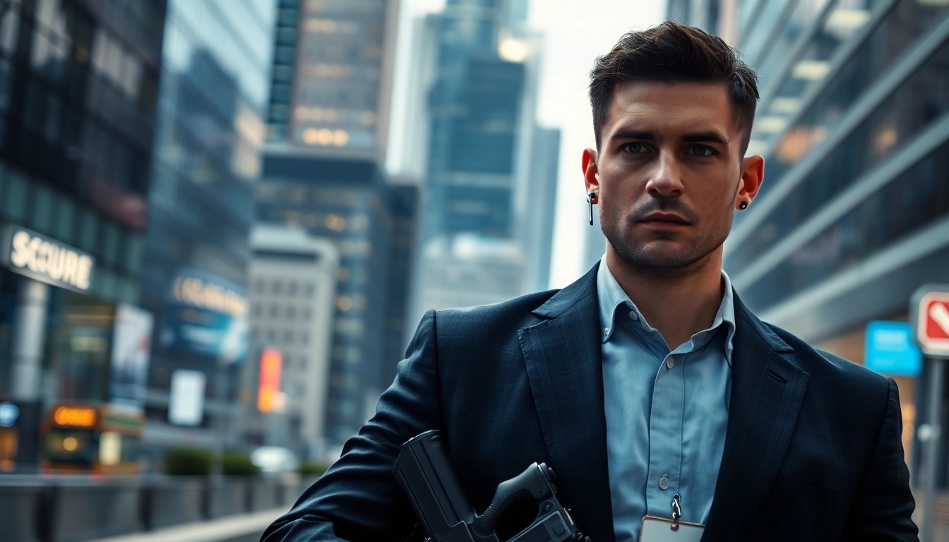 Showcase of the Professional Body Guard Program featuring a vigilant bodyguard in an urban setting.