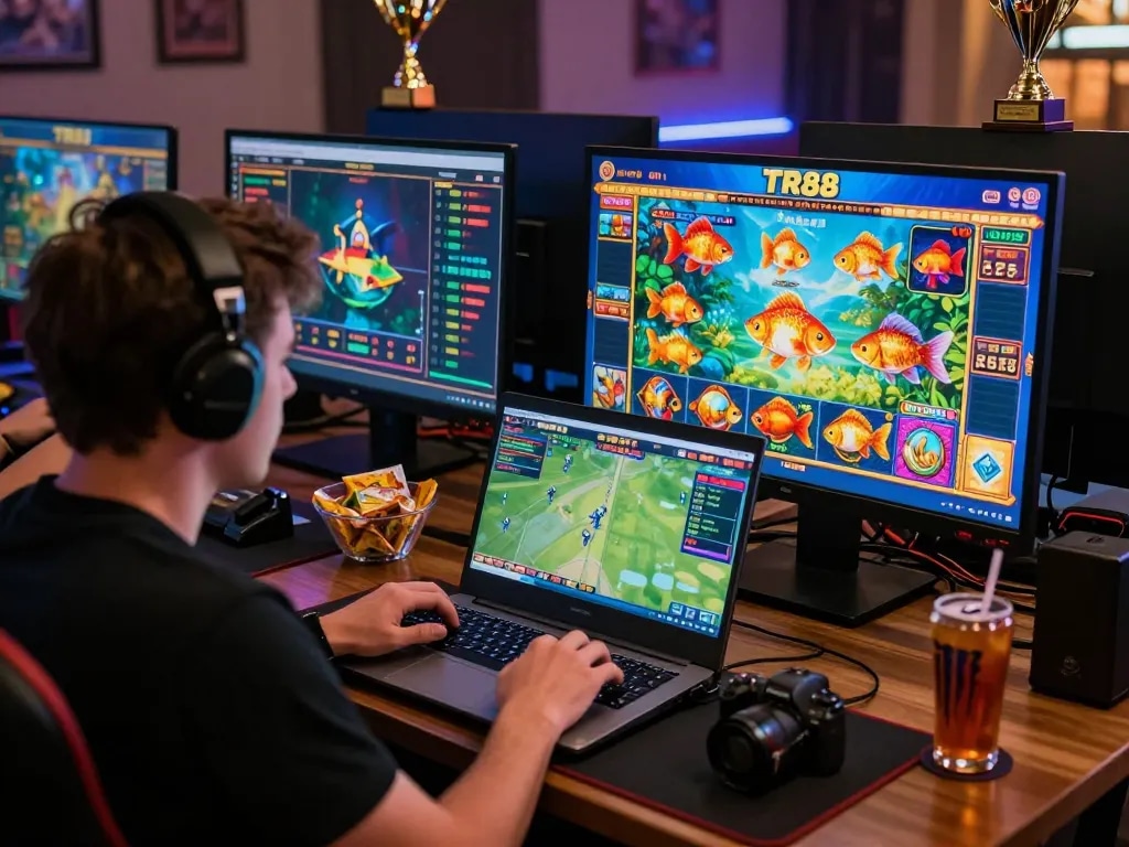 Player engaging with TR88 online gaming platform in a vibrant setting filled with gaming elements.