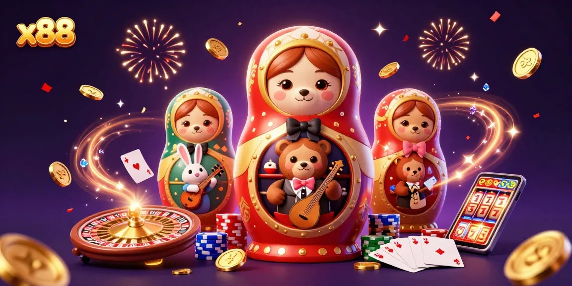 x88 offers an exciting casino experience with playful Russian Matryoshka bears and festive gambling elements.