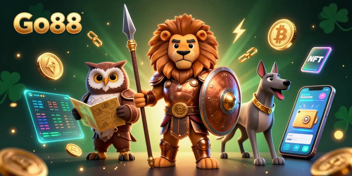 Go88 offers a vibrant gaming experience with a Spartan lion and crypto elements in an engaging casino scene.